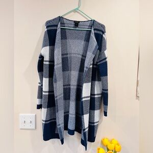 Plaid Open Front Cardigan Sweater - Blue and White